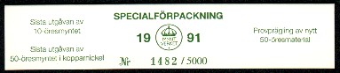 Mjukpastförpackning med 50 öre provmynt 1991